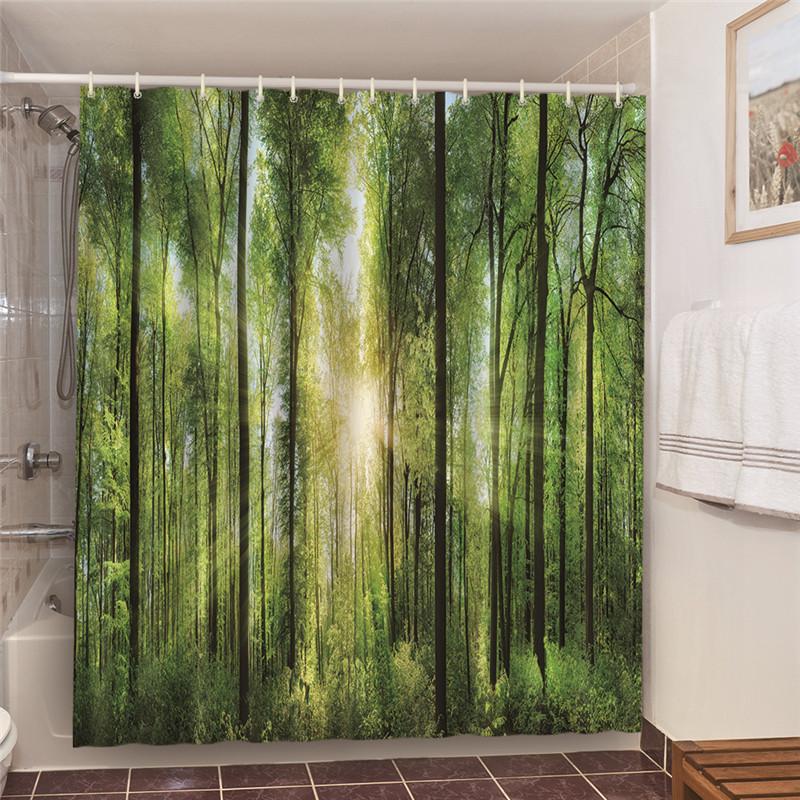 Misty Forest Nordic Style Shower Curtains Set With Hooks Waterproof Green Natural Landscape Home Decoration Bathroom Curtain New
