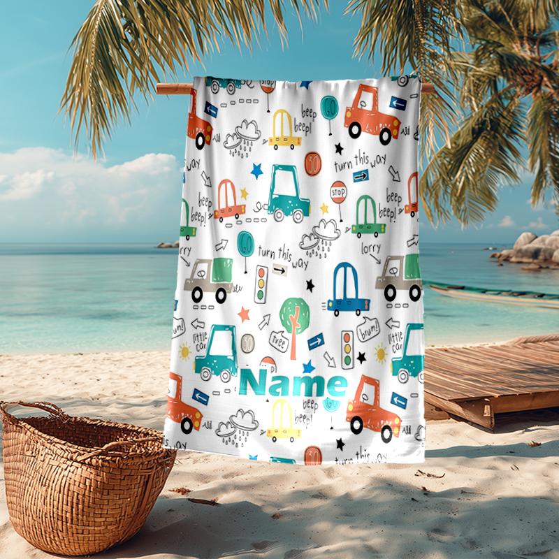 Custom Name Ultra-Soft Beach Towel with Cute Cars Theme,Ideal for Pool - Camping, Diving - Perfect Travel Essential, Vibrant Beach Towel.