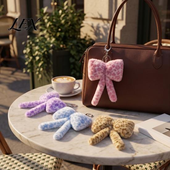 Cute Bag Accessories Leopard Print Plush Bow Keychain, Fluffy Bowknot Charm Key Holder with Lobster Clasp, Women Girls Handbag Decorative Accessory