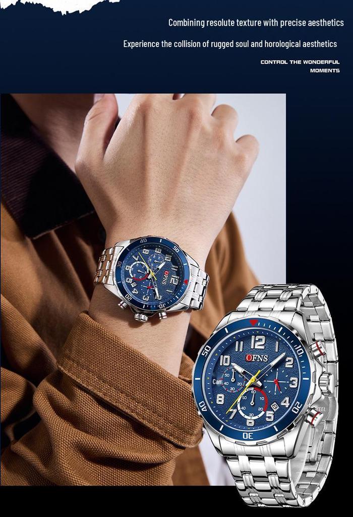 OFNS Men's Waterproof Quartz Chronograph with Silicone Strap and Steel Band, Business Calendar, and Small Second Display.