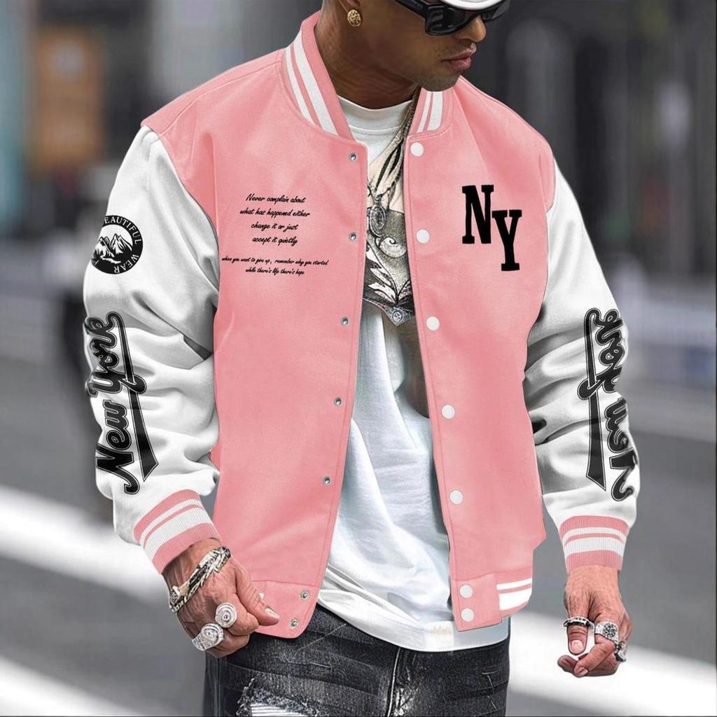 Men's Alphabet Print Baseball Collar Bomber Jacket Loose Casual Sports Long-sleeved Varsity Jacket Suitable for Autumn and Winter