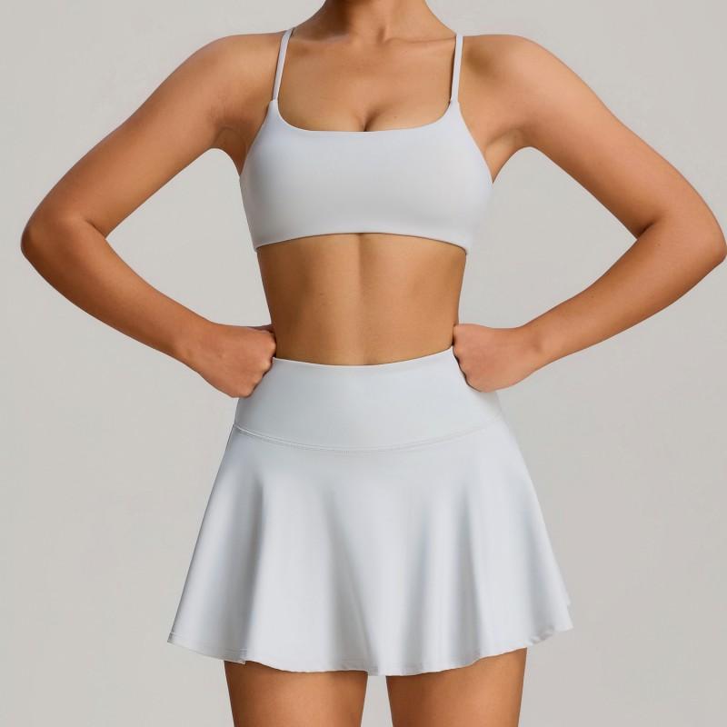Womens Seamless Yoga Sports Set With Built-in Bra Pocket Skirt Outdoor Fitness Tennis Badminton