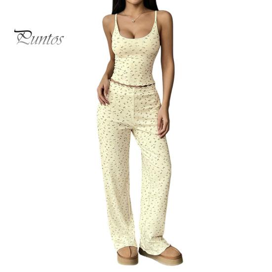 Floral Printed Camisole Pajama Set Women Pajamas with Print, Sleeveless U Neck Lightweight Sleep Sets for Vacation And Pants, Sexy Comfortable