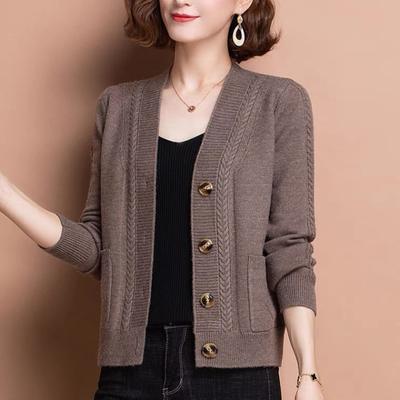 Autumn and Winter V-neck Solid Color Cardigan Simple Loose Middle-aged Casual Coat Women