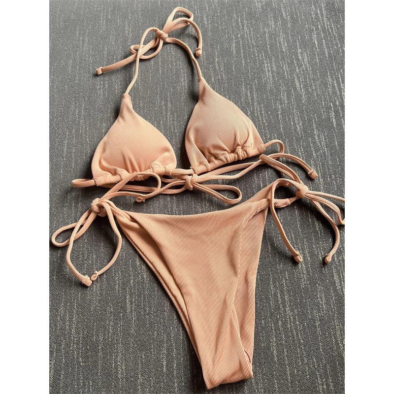 Sexy Brown Bikini 2026 Women Solid Red Halter Push Up Bra Tie Side Triangle Swimsuit Summer Bathing Suit Lace Up Micro Swimwear