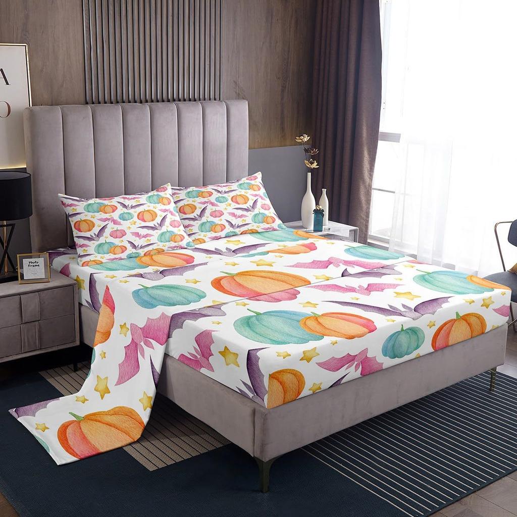 Halloween Bat Pattern Bed Hat Four-Piece Bedding Set Bedroom Dormitory Bedding Decoration
