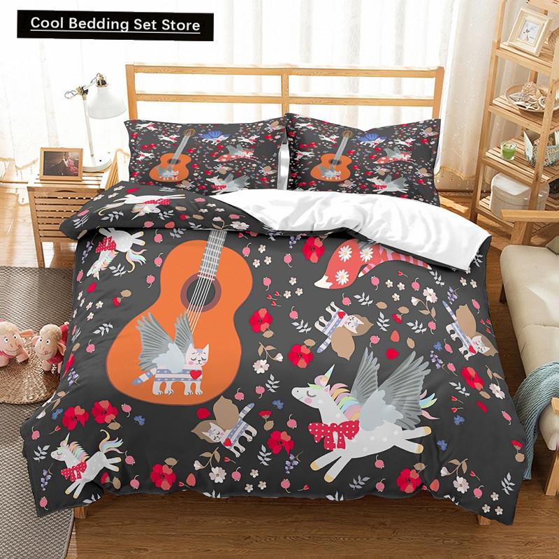 Katze Blumen König Königin Bettbezug Cartoon Kitty Floral Bettwäscheset für Kinder Niedliche Tiere Schwarz 2/3-teilig Polyester Steppdeckenbezug