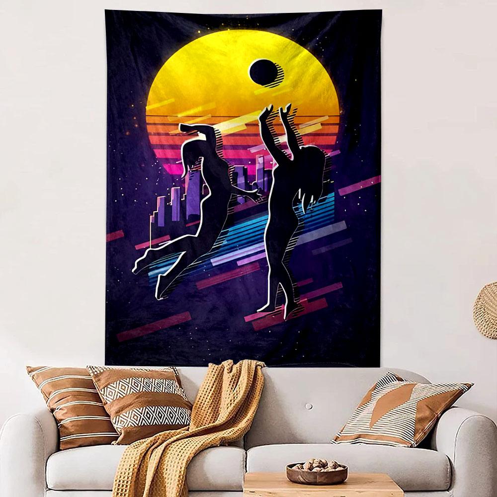 Synthwave Volleyball Wall Tapestry Retro Sunset Women Silhouette City Neon 80s Decor for Dorm Game Room Gift