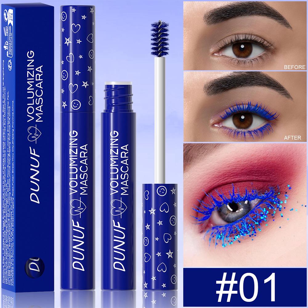 DUNUF Rainbow Mascara: Long-Lasting, Volumizing, and Curling in Blue, Purple, Green, and White for Festive Children's Day and Stage Makeup.