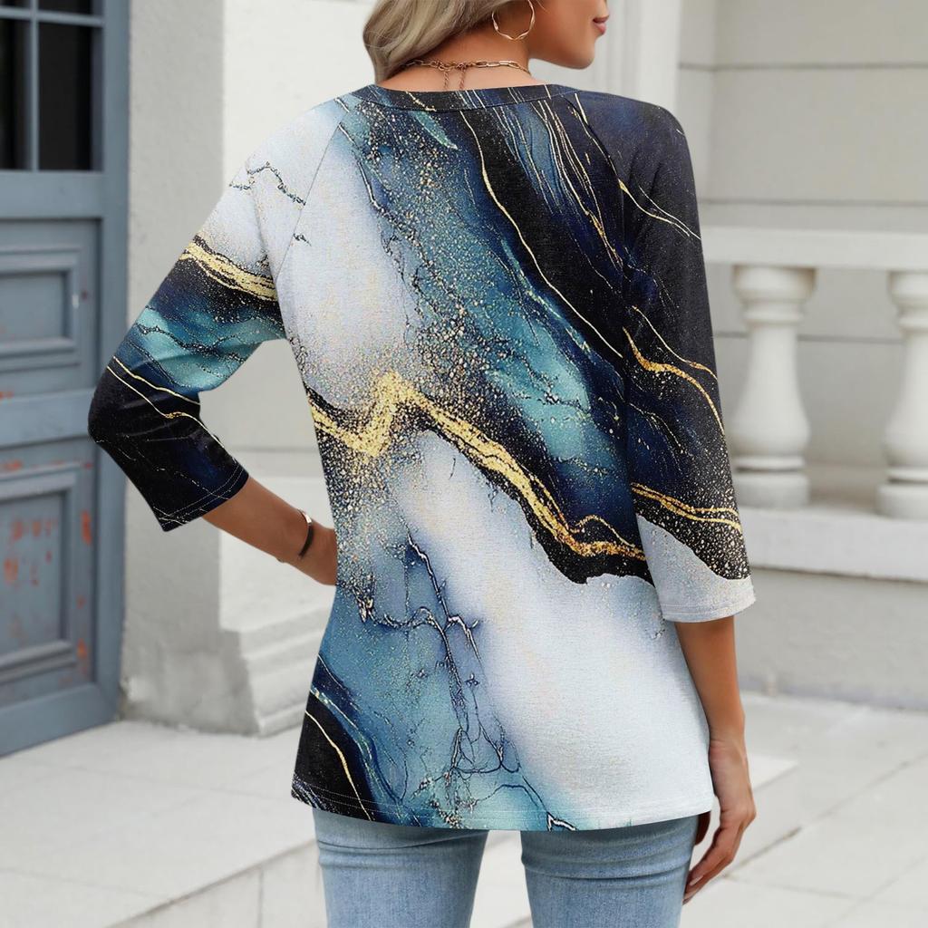 Women's Fashion Casual Three-quarter Sleeve Raglan Sleeve Vintage Floral Print V-Neck Top