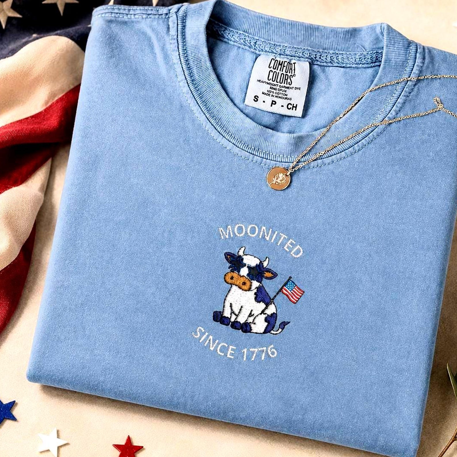 Cute Patriotic Cow Tee, Embroidered 4th of July Shirt, Comfort Colors America T-shirt 4XL