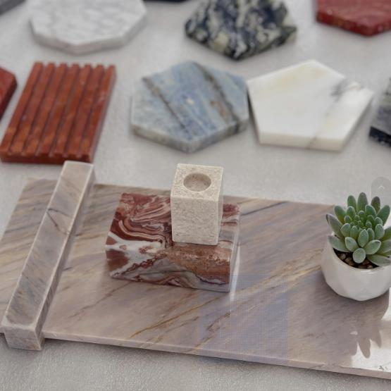 Natural Marble Luxury Stone Candle Holder Creative Ornament Candle Tray Block Shaped Candle Jar Home Decor (Red,Medium)