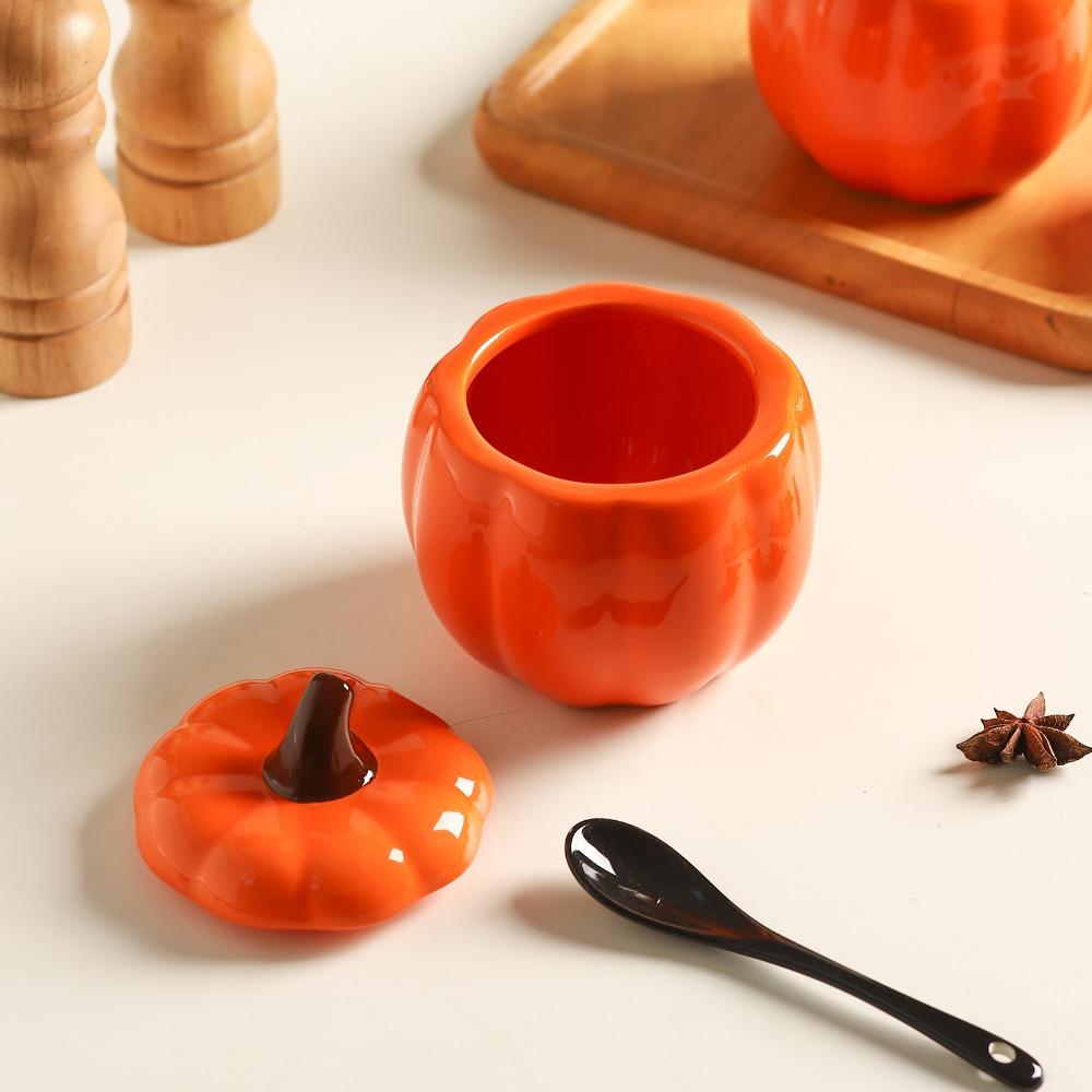 Creative Pumpkin Ceramic Seasoning Jar Set with Spoon Salt Sugar Bowl Msg Pepper Edible Oil Container Kitchen Supplies