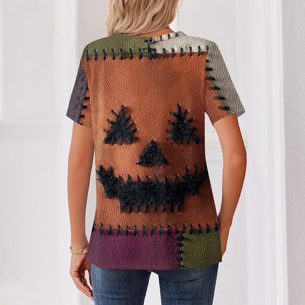 Women’s Fashion Casual Halloween Print V Neck Short Sleeve Decorative Button T Shirt Top for Autumn Daily Wear