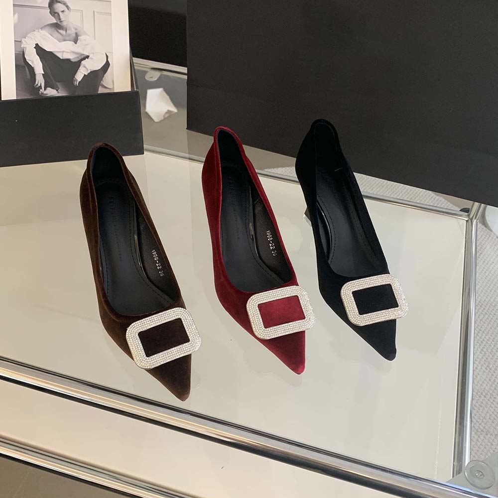 fashion Sexy Party Pumps Women Shallow Slip On Dress Rhinestone Pumps Thin High Heels Black Brown Red Fasshion Office Shoes Woman 35-39