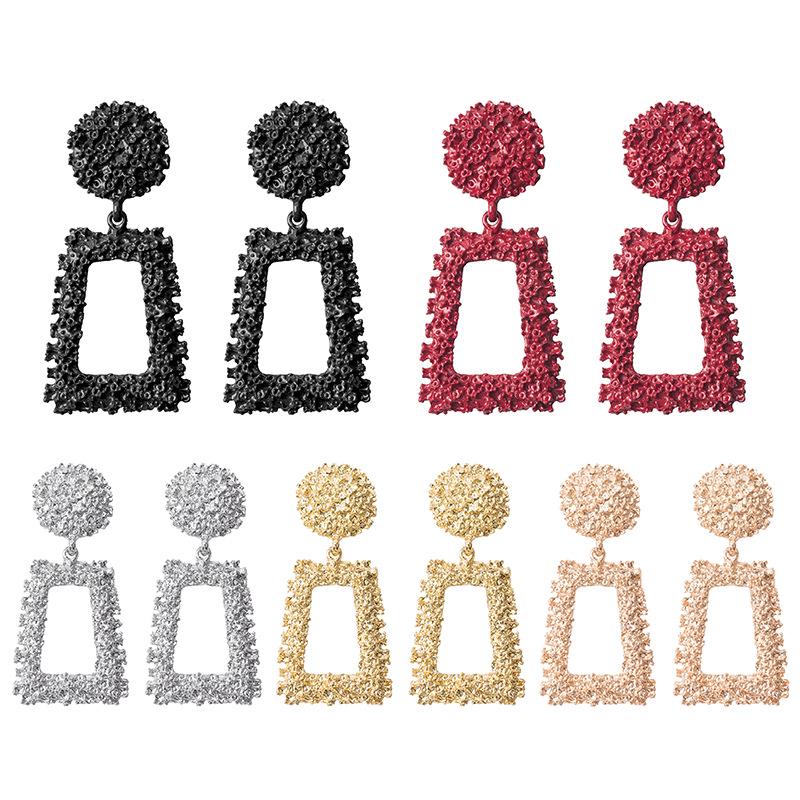 European & American Hot Sale: Trapezoidal Geometric Frosted Relief Metal Earrings, Bold Bohemian Style for Women