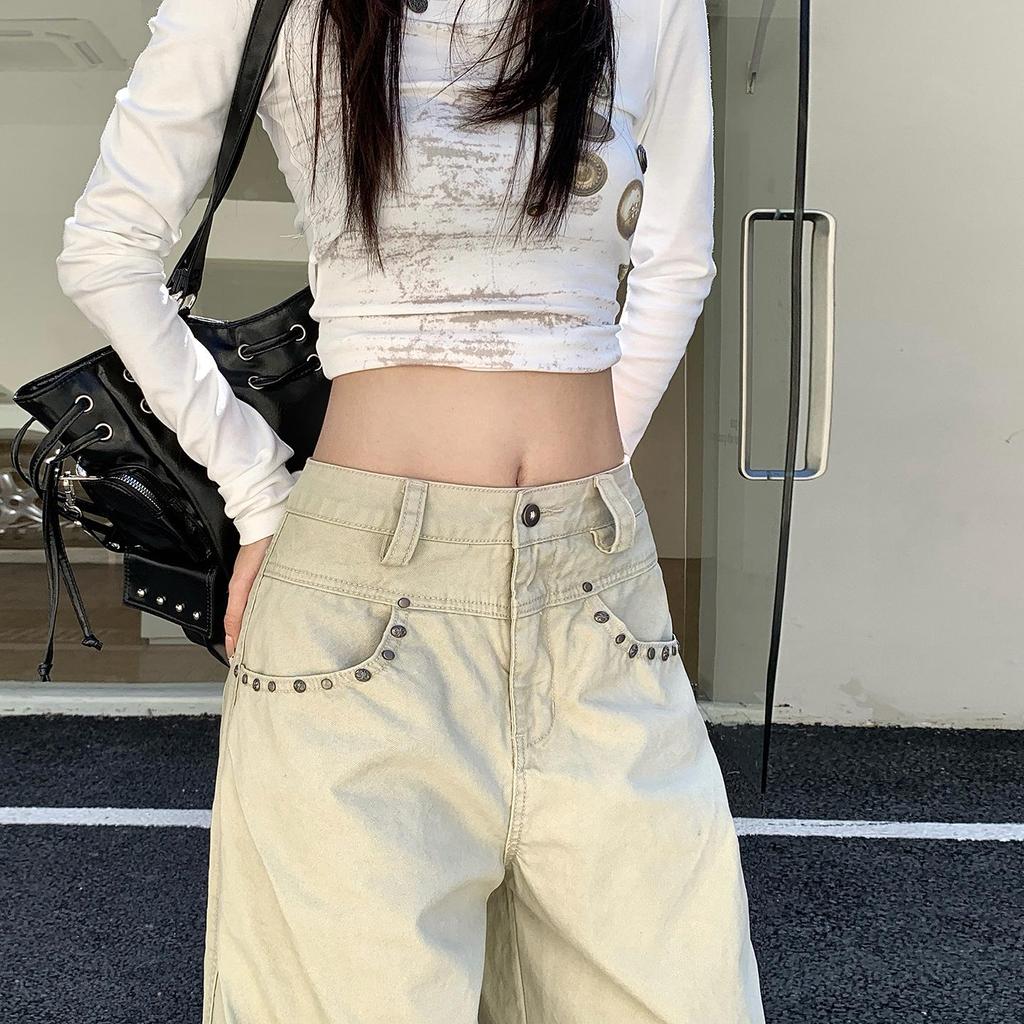 Women's Khaki High-Waisted Wide-Leg Jeans, Autumn/Winter 2025 - Floor-Length Slimming Casual Trousers.