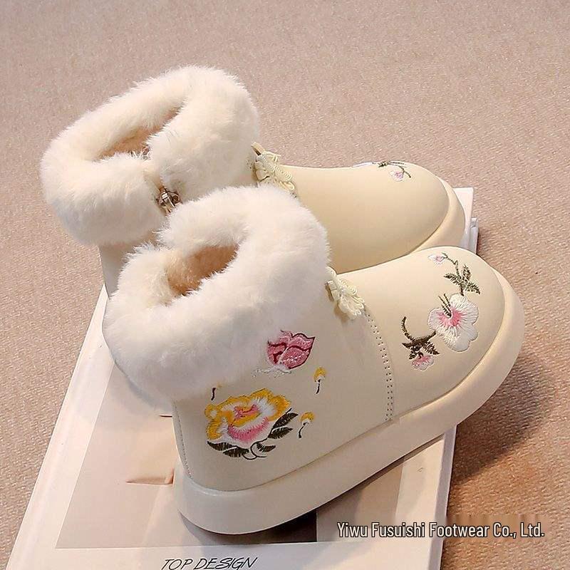 Girls' Hanfu Cotton Boots - 2026 New Flower Embroidery, Chinese-Style Soft Sole, Short Fairy Boots