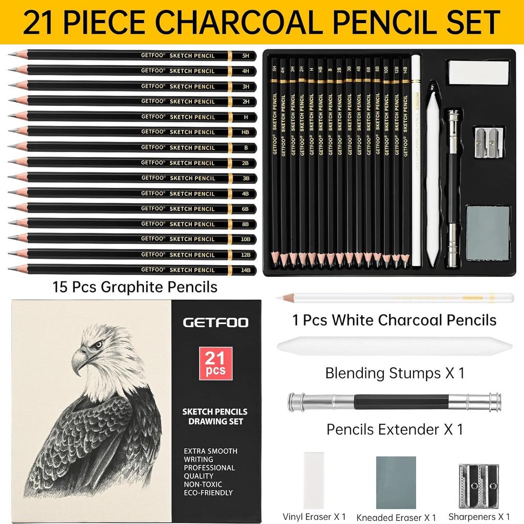 Drawing Sketching Pencil Set 21 Pack Art Pencil Kit with Graphite Pencils (14B-5H), Charcoal Pencil, Ideal for Shading, Blending, Drawing Set for