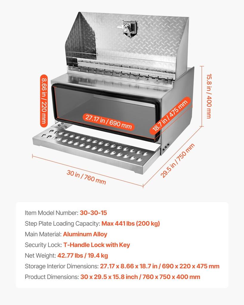 Stufenwerkzeugkasten für Sattelzug, 760 x 750 x 400 mm Robuster Aluminium-Riffelblech-Werkzeugkasten, Wasserdichte Einstiegsstufen-Aufbewahrungsbox für die Kabine mit T-Griff-Schloss &