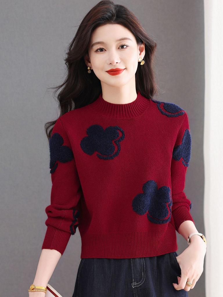 2025 Women's Colorblock Cashmere Wool Sweater: Round Neck, Jacquard Knit, Loose Fit, Versatile and Soft.