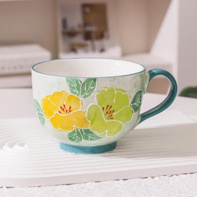 500ml Ceramic Cup Handmade Glyptic Breakfast Bowl Large Capacity Water Cup for Office Porcelain Coffee Mug for Afternoon Tea