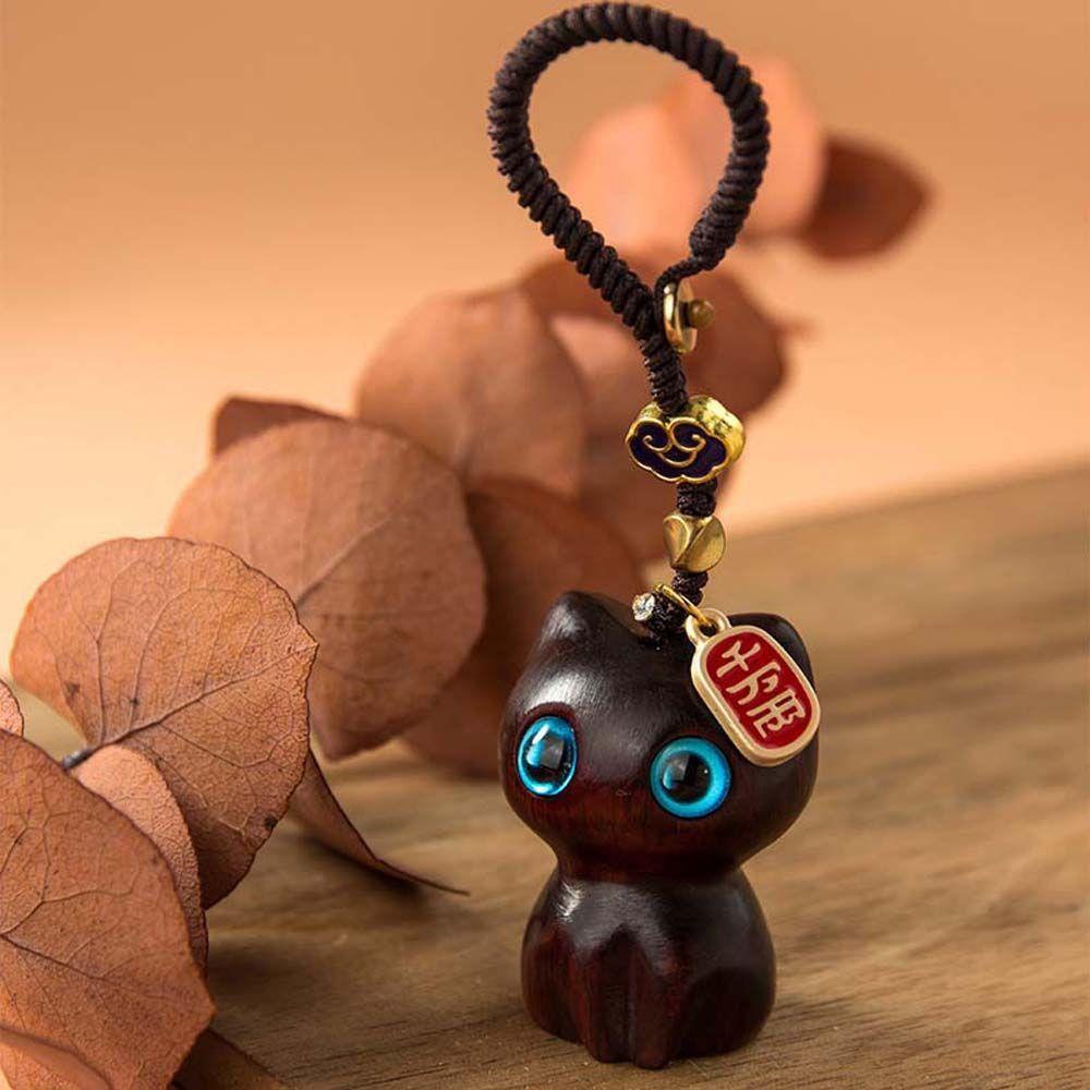 Figurine Sandalwood Cat Desktop Figurine Kawaii Mini Wooden Carved Figurine Creative Car Dashboard Cartoon Hanging decoration