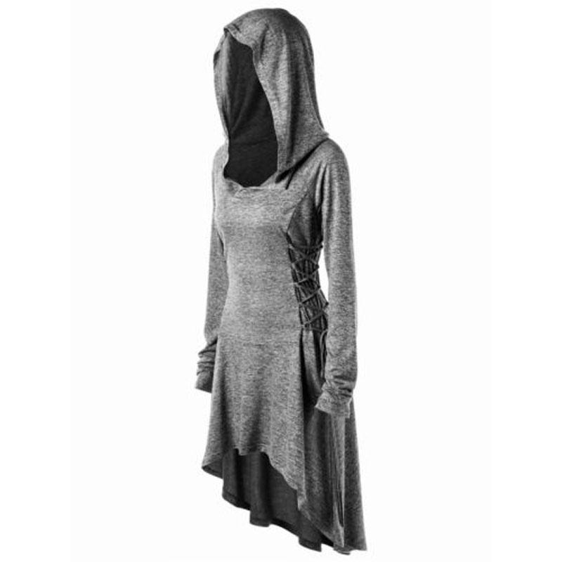 Stylish Punk Women's Plus Size Lace Up Dip Hem Tunic Hoodie Long Sweatershirts Dress Top For Every Occasion