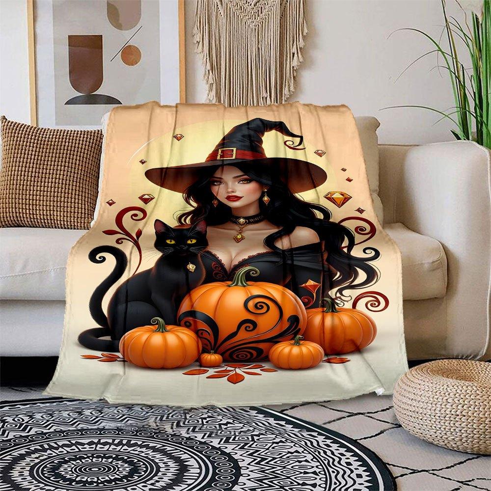 Halloween Witch with Black Cat and PumpkinsBlanket Flannel Throw Blanket for Sofa, Bed, Travel, Camping, Office, Couch, Chair