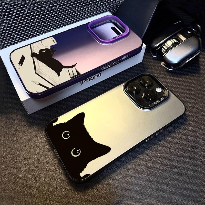 Cute Black Cat Pattern Electroplate Silver Phone Case For iPhone 16 Pro Max 15 Pro 14 13 12 11 7 8 Plus X XS XR Shockproof Cover
