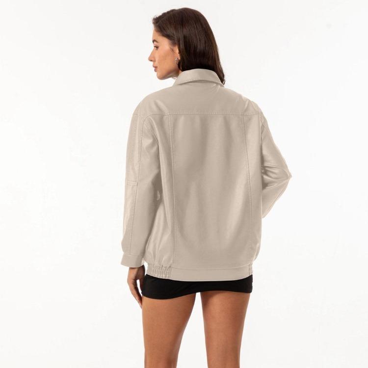 Women Fashion Slim Fit Pu Leather Jacket Long Sleeve Lapel Collar Zipper Coat for Fall Winter