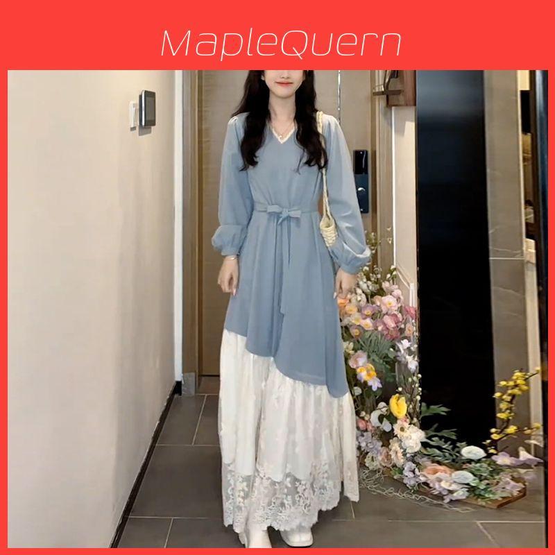 French Style Long Dress With Lace Paneling For Casual Wear In Spring 2026