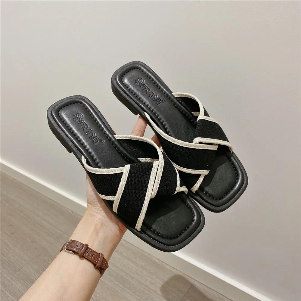 Fashion Women's Slippers and Ladies Sandals Open Toe Low Heel Outside on Beach House Black Indoor Home Slides Shoes Off White Word Flat