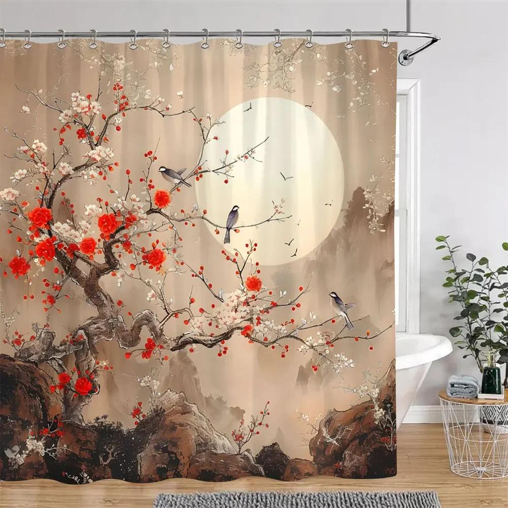 Chinese Japanese Cherry Blossom Ink Painting Shower Curtain Landscape Waves Art Creative Polyester Bath Curtains Bathroom Decor