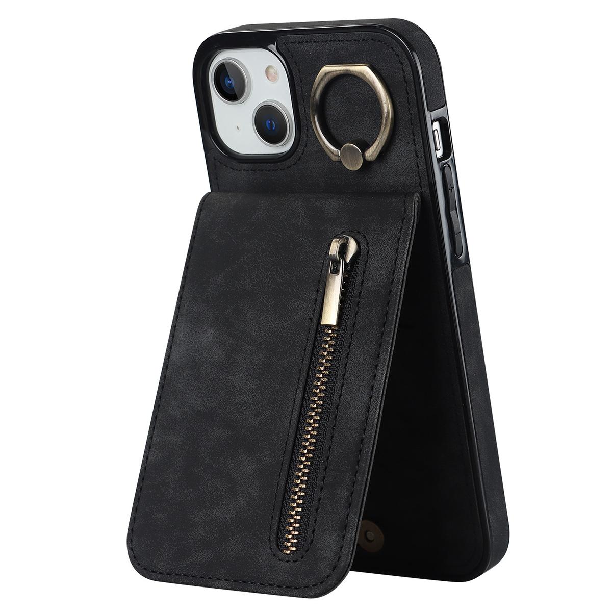 

Back Shell for iPhone 15 Plus,Phone Case RFID Blocking Wallet Retro PU+TPU Kickstand Cover Black