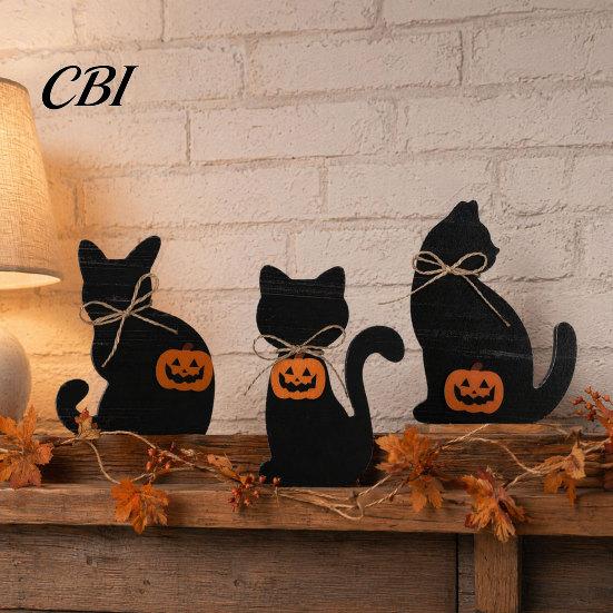 Halloween Mantel Decor 3Pcs Decoration, Black Cat Ghost Witch Hat Table Decor, Decorations Rustic Farmhouse Wooden Centerpieces for Home Office Tiered