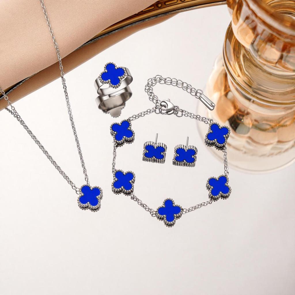 Set da 4 pezzi in Acciaio di Titanio Inossidabile Double Face Quadrifoglio Collana Bracciale Anello Orecchini Set da Quattro Pezzi