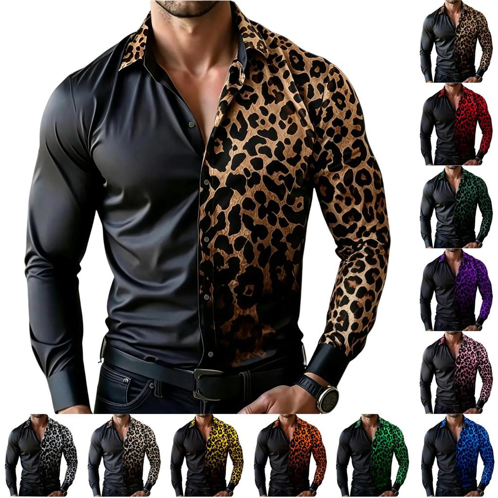 Men's Trendy Leopard Print Long Sleeve Collared Button Down Shirt for Casual Vacation and Party