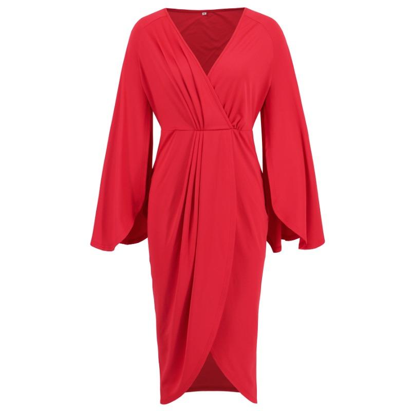 Fortgeschrittener Sinn V-Ausschnitt Über dem Knie Langärmliges Kleid Frühher Herbst Unregelmäßige Falten Taille Kleid Kleid