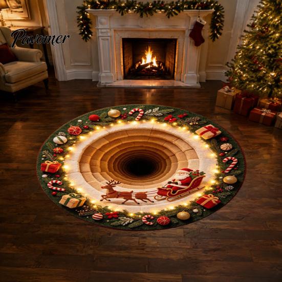 Unique Seasonal Gift Rugs Christmas Round Area Rug, 3D Visual Trap Floor Mat with Santa Elk Print, Soft Crystal Velvet Carpets Non-Slip Stain