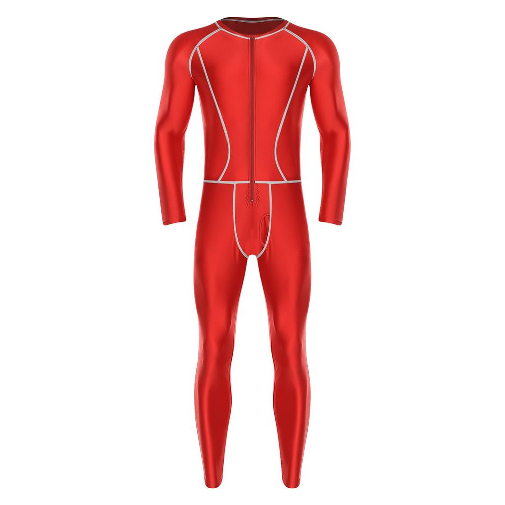 Glänzender Kompressions-Jumpsuit für Herren, Slim Fit, Außen mit flachen Nähten, Reißverschluss vorne, Langarm, Lange Hosen, Yoga-Romper