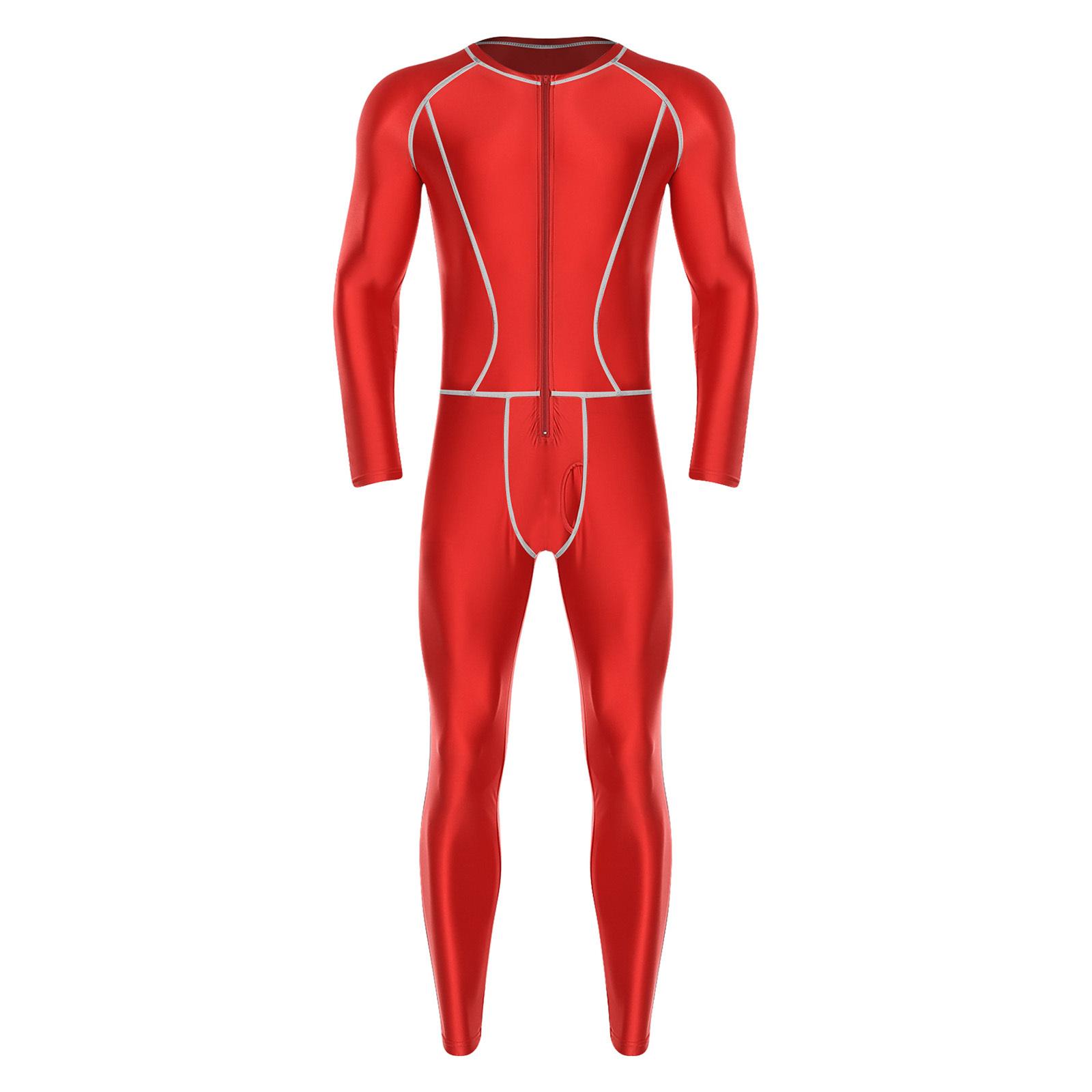 

Чоловічий блискучий обтислий боді з довгим рукавом, застібка-блискавка спереду, дизайн з плоскими швами, компресійний комбінезон, спортивний одяг S червоний