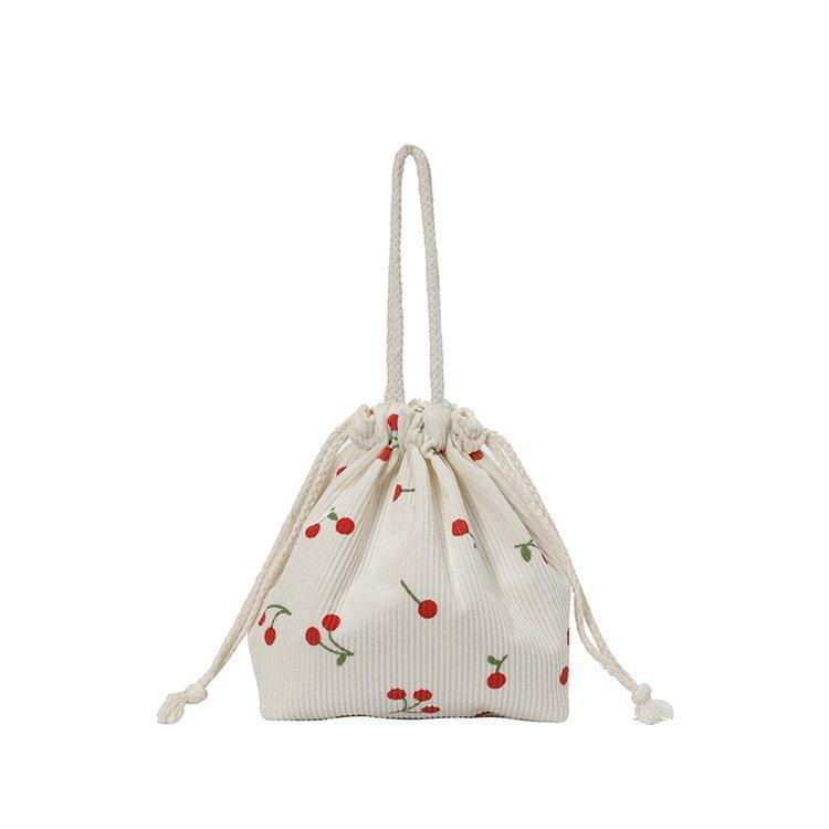 

Cute Corduroy Handbag Fresh Strawberry Drawstring Bag Key Headphone Data Cable Organizer Pouch Student Makeup Bag Toiletry Bag