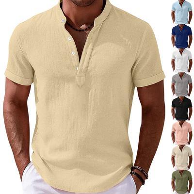 Camisa Masculina de Manga Curta em Linho e Algodão com Botões Casual Leve Respirável Top de Verão com Gola Alta Caimento Relaxado