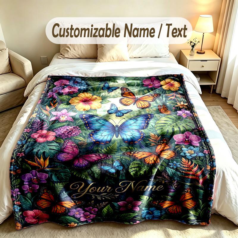 Butterfly Theme Soft Blanket Personalized Custom Name Text Print Warm Blanket Home Sofa Bedroom Decor