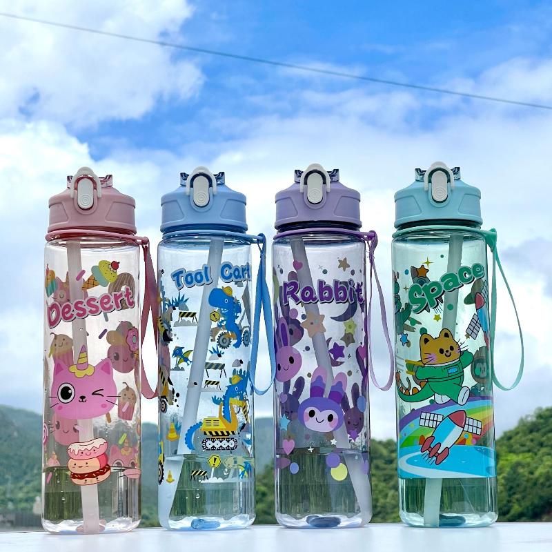 790Ml Cartoon Cat Rabbit Plastic Water Bottle Straw Cup With Carry Handle Portable Suitable For Outdoor Travel And School Use