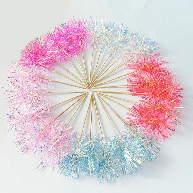 10Pcs Wooden Cake Decorations Colorful Tinsel Cake Insert Sticks Embellishments For Birthday Wedding Anniversary Party