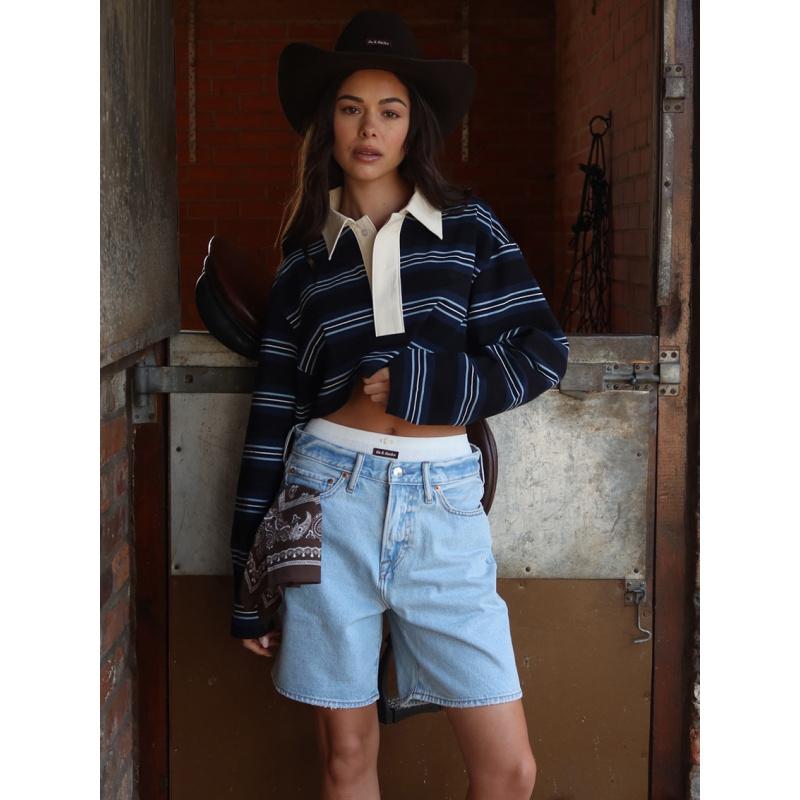 

Spring New Loose Striped POLO Collar Long-Sleeve Top With A Stylish Design Suitable For Casual And Commuting L синій