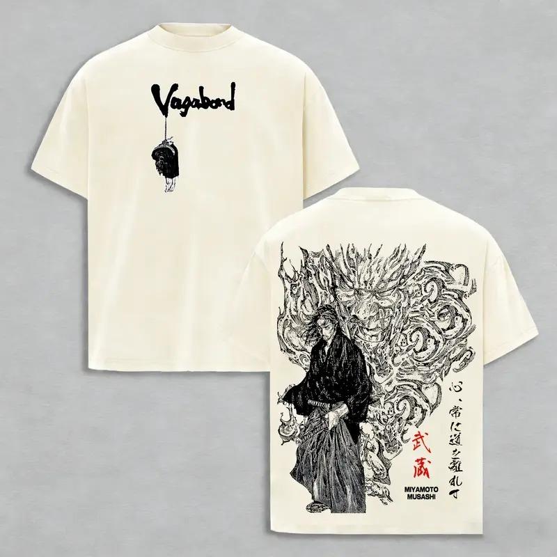 Anime Vagabond Miyamoto Musashi Graphic T Shirt Men Women Washed Cotton Tshirts Vintage Casual Clothing Harajuku Male T-shirt S бежевый