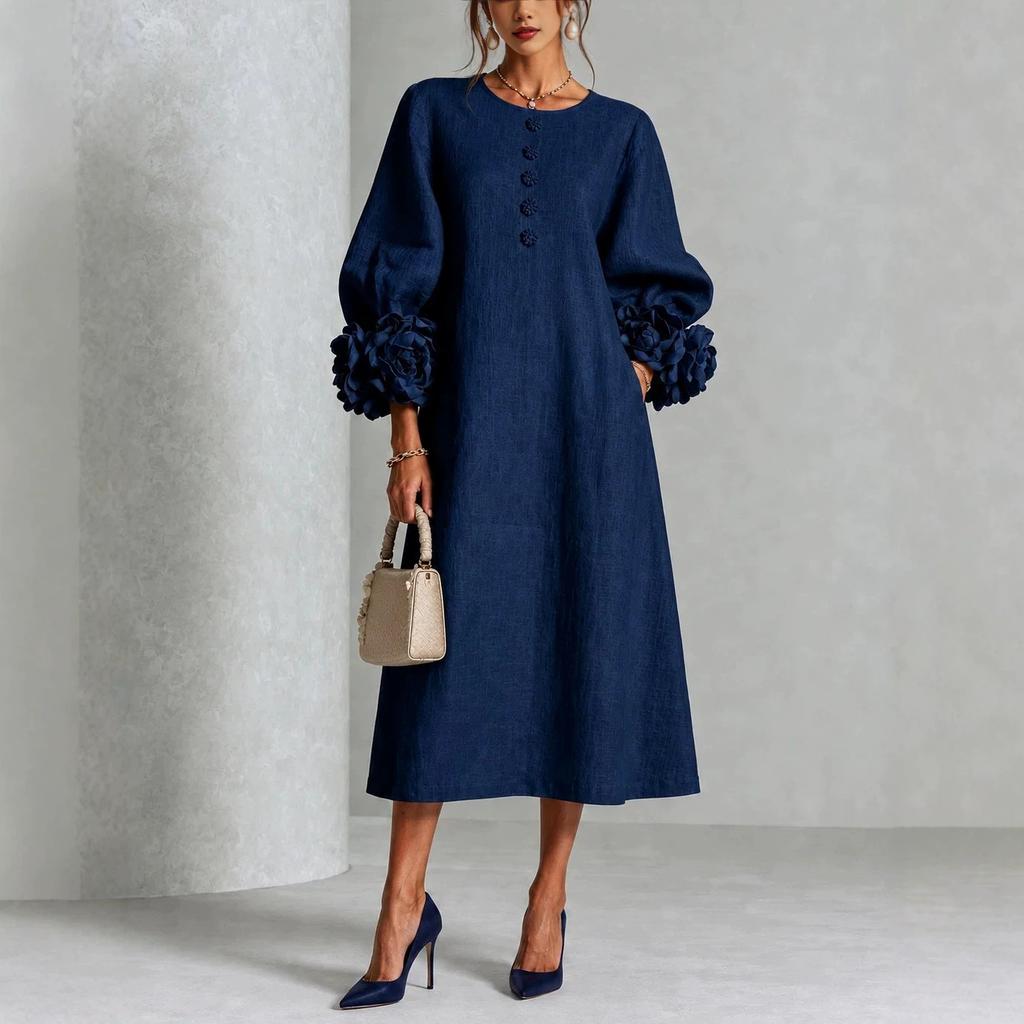 New floral button mid-length dress with eye-catching floral cuffs, European and American